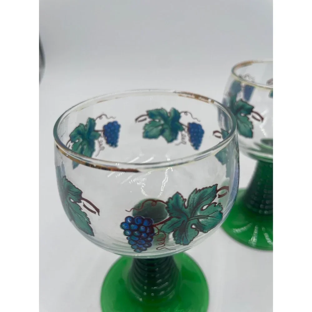 Vintage Luminarc France Wine Glass Set Of 3 With Grapevine Design & Green Stems - Picture 3 of 8